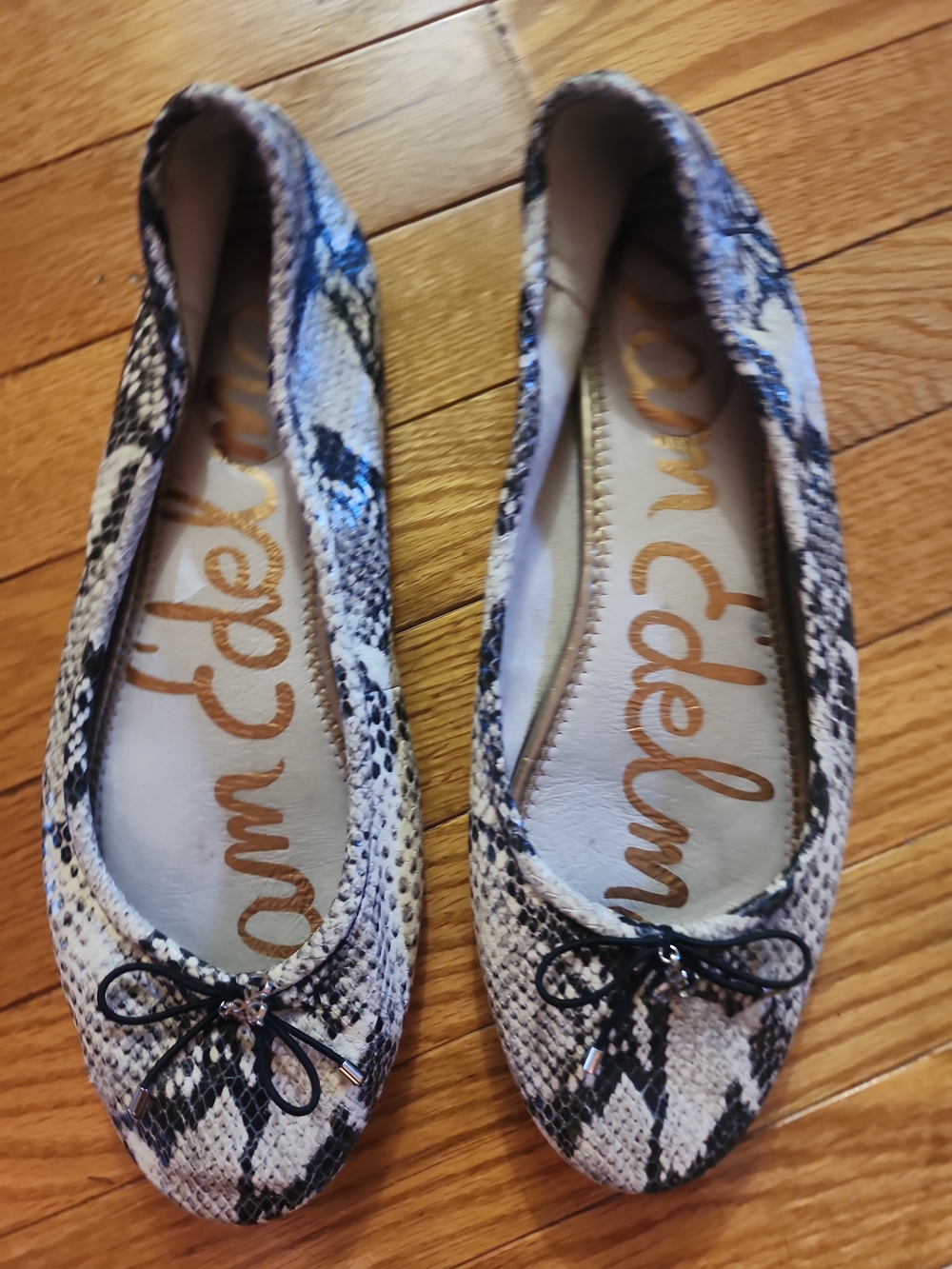 Sam Edelman Felecia Black and Tan Snake-Print Ballet Flats with Bow